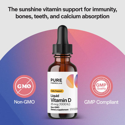 PureFormulas Liquid Vitamin D3 Drops - 25 mcg (1,000 IU) - Non-GMO Vegetarian - 0.75 fl oz
