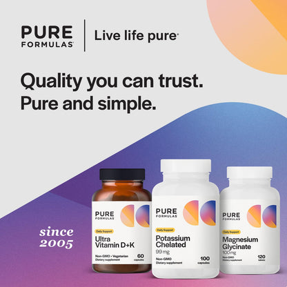 PureFormulas Potassium 99 mg Chelated – Highly Absorbable Potassium Supplement | Non-GMO, 100 Vegetarian Capsules