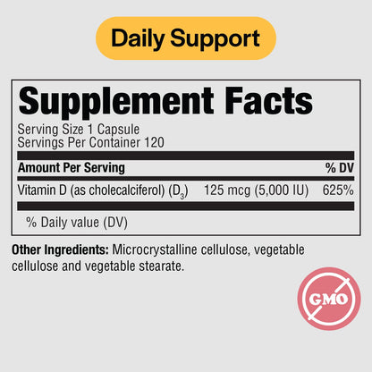PureFormulas Vitamin D3 5000 IU (125 mcg) – 120-Count Vegetarian Capsules Pack of 2 | Non-GMO Vitamin D Supplement for Bones, Teeth & Immune Support
