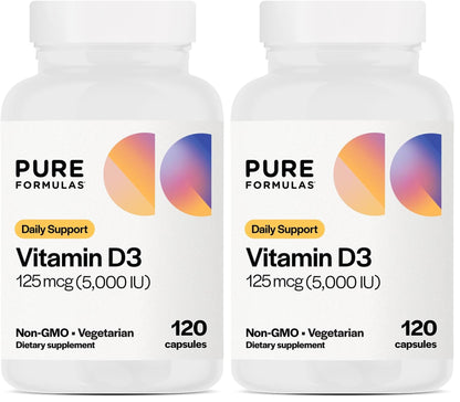 PureFormulas Vitamin D3 5000 IU (125 mcg) – 120-Count Vegetarian Capsules Pack of 2 | Non-GMO Vitamin D Supplement for Bones, Teeth & Immune Support
