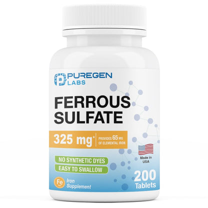 Puregen Labs Ferrous Sulfate 325 mg | 65 mg Elemental Iron | Made in USA