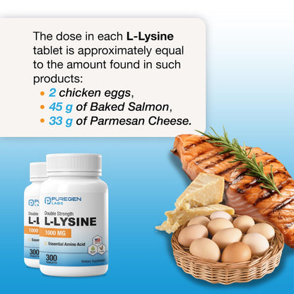 Puregen Labs L-Lysine Extra Strength 1000 mg – 300 Tablets | Immune & Collagen Support, Non-GMO, Gluten & Dairy Free, Made in USA