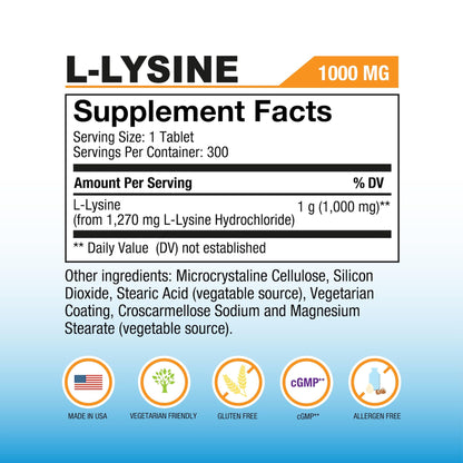 Puregen Labs L-Lysine Extra Strength 1000 mg – 300 Tablets | Immune & Collagen Support, Non-GMO, Gluten & Dairy Free, Made in USA