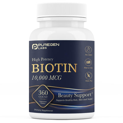 Puregen Labs Biotin 10,000 MCG Supports Healthy Hair, Skin & Nails - High Potency Beauty Support - Non-GMO, Gluten Free | 360 Vegetarian Tablets