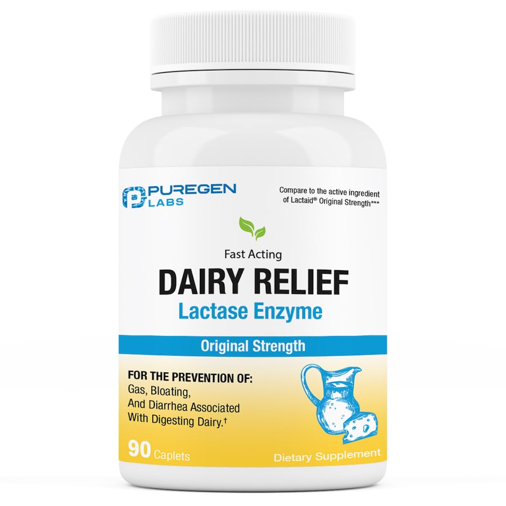 Puregen Labs Dairy Relief – Natural Fast Acting Lactase Enzyme 3000 FCC, 90 Caplets