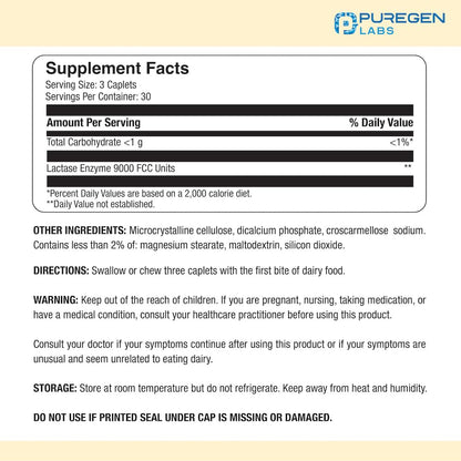 Puregen Labs Dairy Relief – Natural Fast Acting Lactase Enzyme 3000 FCC, 90 Caplets