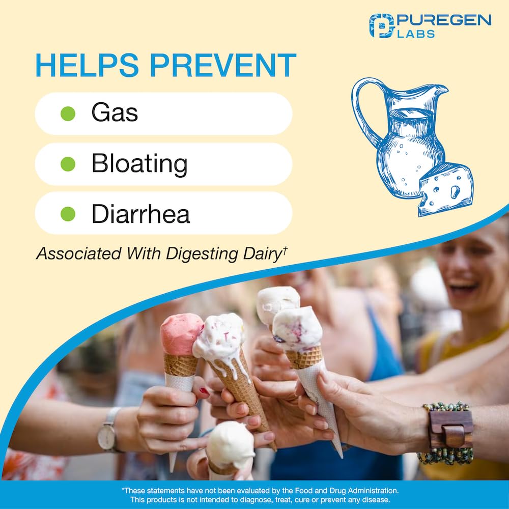 Puregen Labs Dairy Relief – Natural Fast Acting Lactase Enzyme 3000 FCC, 90 Caplets