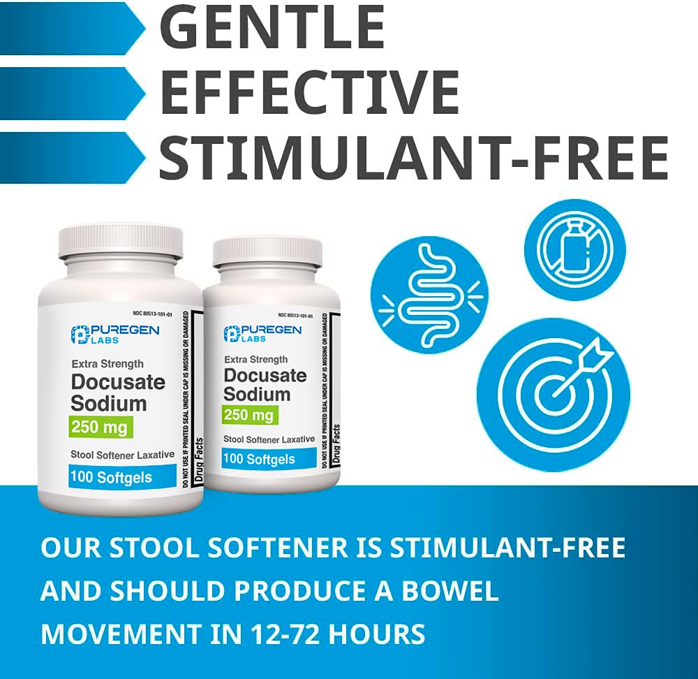 Puregen Labs Docusate Sodium 250mg Stool Softener Laxative | 100 Softgels | Gentle Constipation Relief | Extra Strength | Stimulant Free