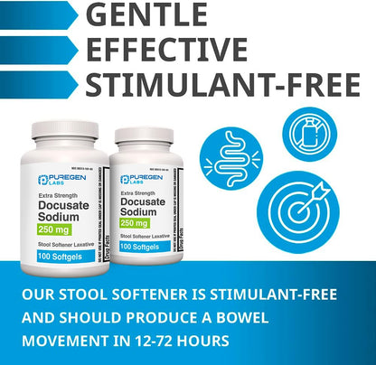 Puregen Labs Docusate Sodium 250mg Stool Softener Laxative | 100 Softgels | Gentle Constipation Relief | Extra Strength | Stimulant Free