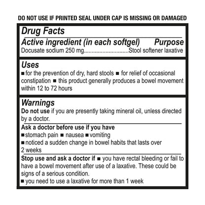 Puregen Labs Docusate Sodium 250mg Stool Softener Laxative | 100 Softgels | Gentle Constipation Relief | Extra Strength | Stimulant Free