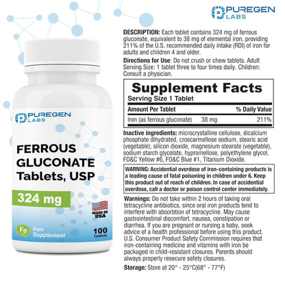 Puregen Labs Ferrous Gluconate 324 mg Iron – High Potency, Gentle on Stomach