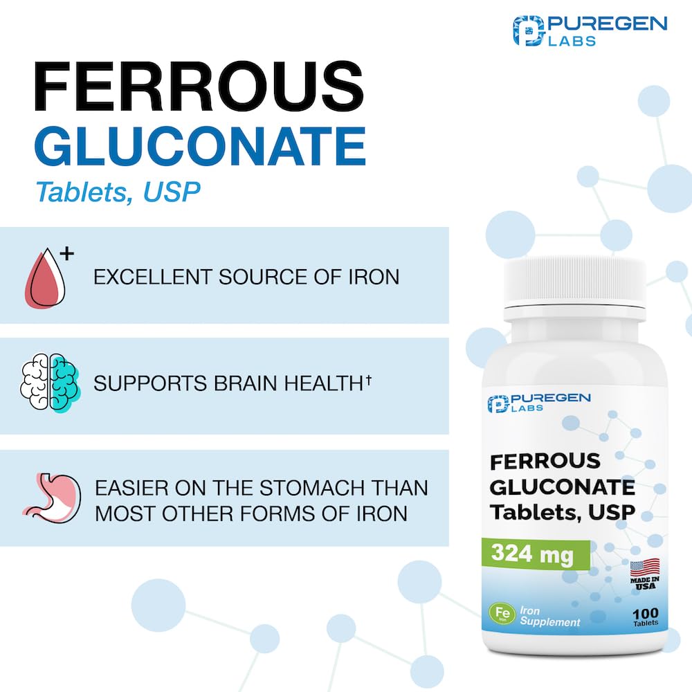 Puregen Labs Ferrous Gluconate 324 mg Iron – High Potency, Gentle on Stomach