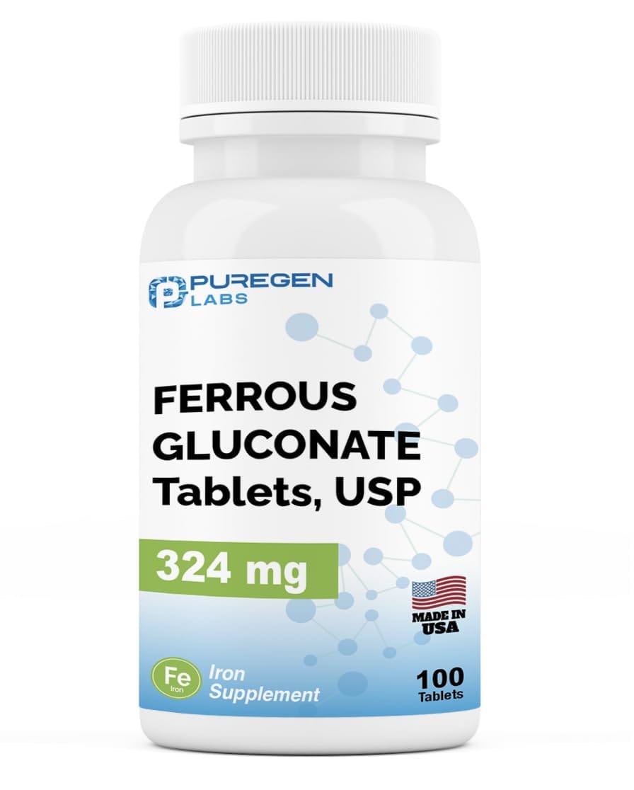 Puregen Labs Ferrous Gluconate 324 mg Iron – High Potency, Gentle on Stomach
