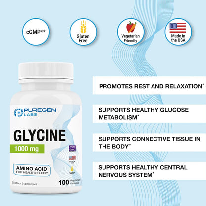 Puregen Labs Glycine 1000mg – 100 Vegetarian Capsules | Sleep Support | Made in USA
