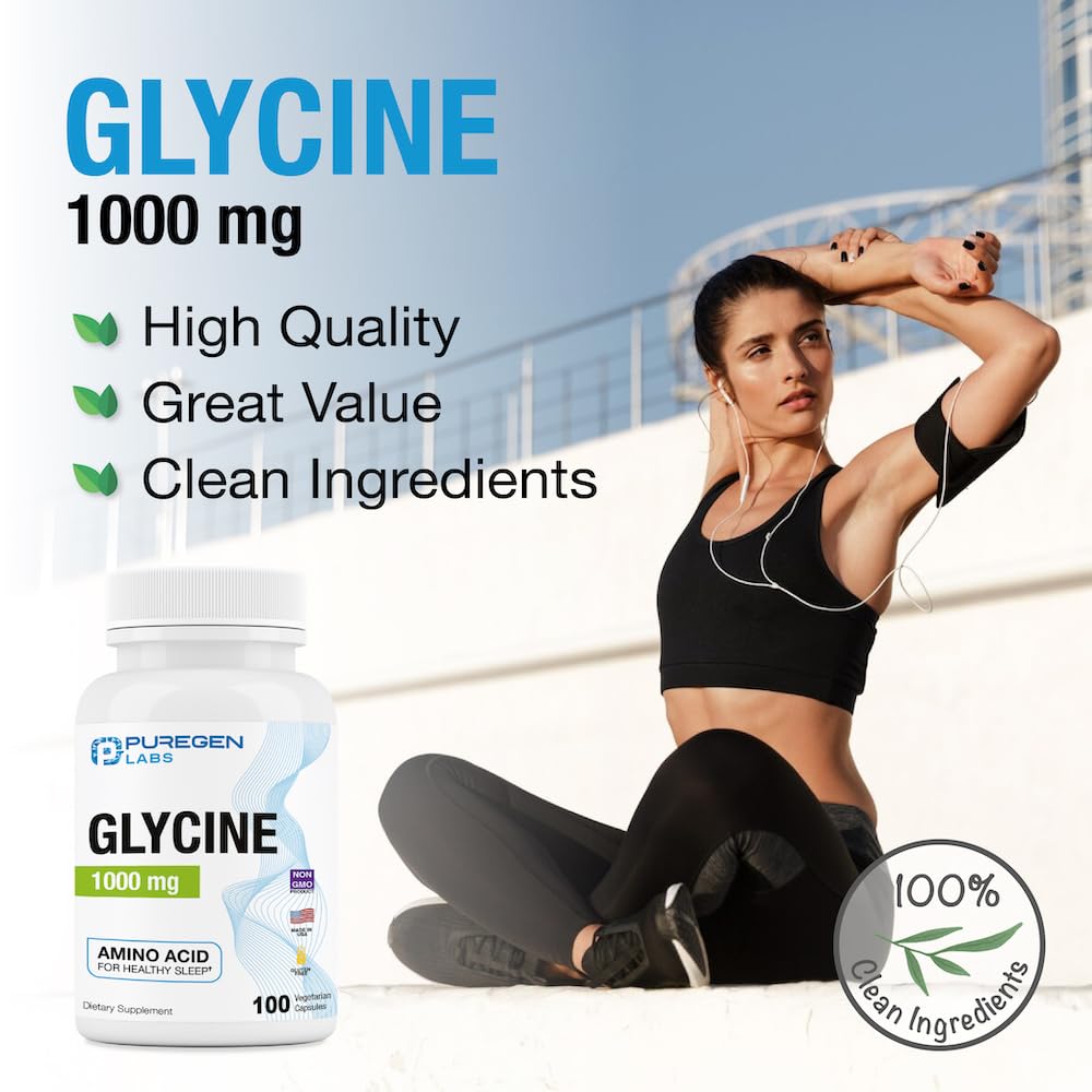 Puregen Labs Glycine 1000mg – 100 Vegetarian Capsules | Sleep Support | Made in USA