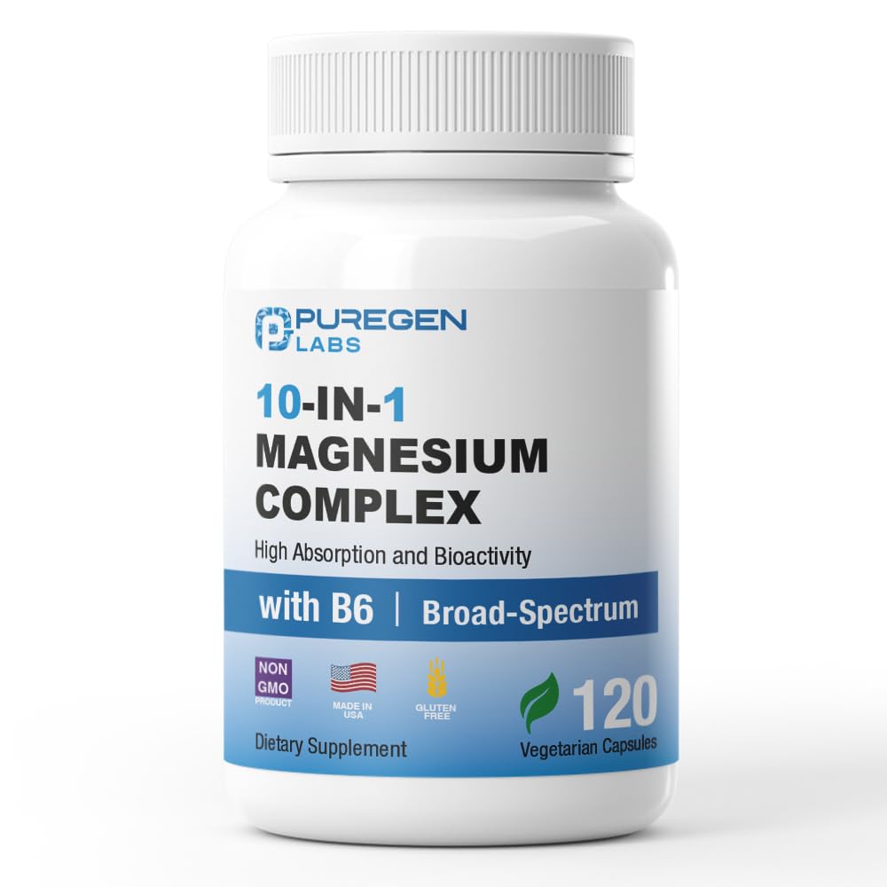 Puregen Labs 10-in-1 Magnesium Complex 500mg with B6 - 120 Veggie Capsules - High Absorption, Bioactivity, Non-GMO, Gluten & Dairy Free - Made in USA