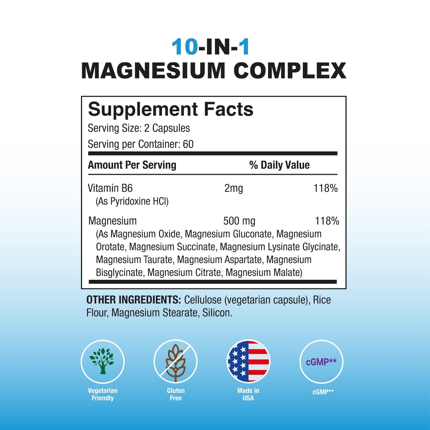 Puregen Labs 10-in-1 Magnesium Complex 500mg with B6 - 120 Veggie Capsules - High Absorption, Bioactivity, Non-GMO, Gluten & Dairy Free - Made in USA