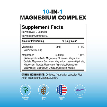 Puregen Labs 10-in-1 Magnesium Complex 500mg with B6 - 120 Veggie Capsules - High Absorption, Bioactivity, Non-GMO, Gluten & Dairy Free - Made in USA