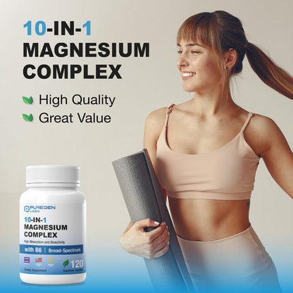 Puregen Labs 10-in-1 Magnesium Complex 500mg with B6 - 120 Veggie Capsules - High Absorption, Bioactivity, Non-GMO, Gluten & Dairy Free - Made in USA