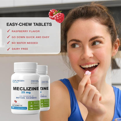 Puregen Labs Meclizine 25 mg Antiemetic — Dairy-Free, USA-Made 200 Chewables | Motion Sickness Relief