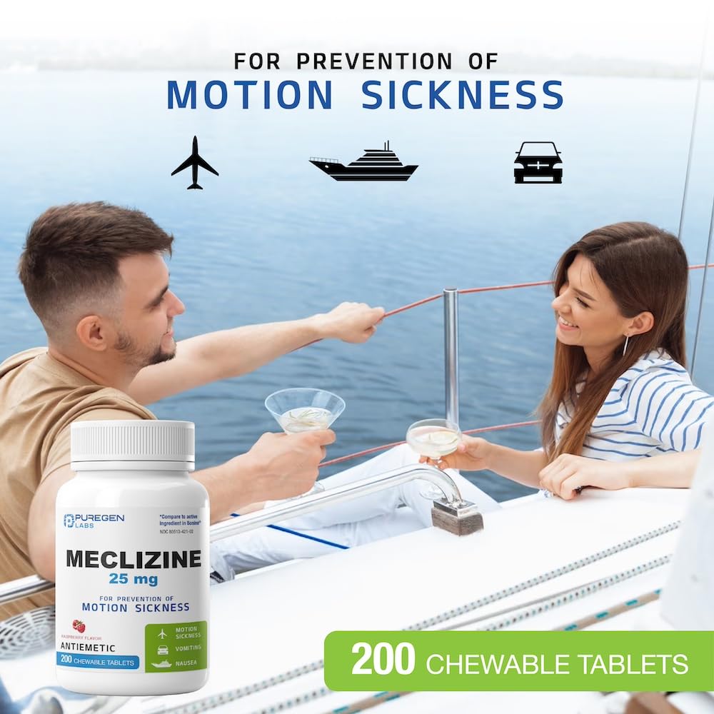 Puregen Labs Meclizine 25 mg Antiemetic — Dairy-Free, USA-Made 200 Chewables | Motion Sickness Relief