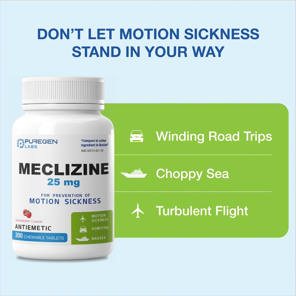 Puregen Labs Meclizine 25 mg Antiemetic — Dairy-Free, USA-Made 200 Chewables | Motion Sickness Relief