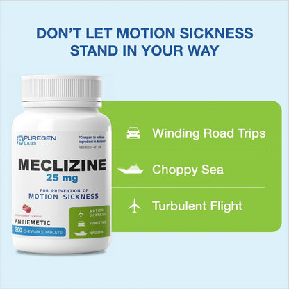 Puregen Labs Meclizine 25 mg Antiemetic — Dairy-Free, USA-Made 200 Chewables | Motion Sickness Relief