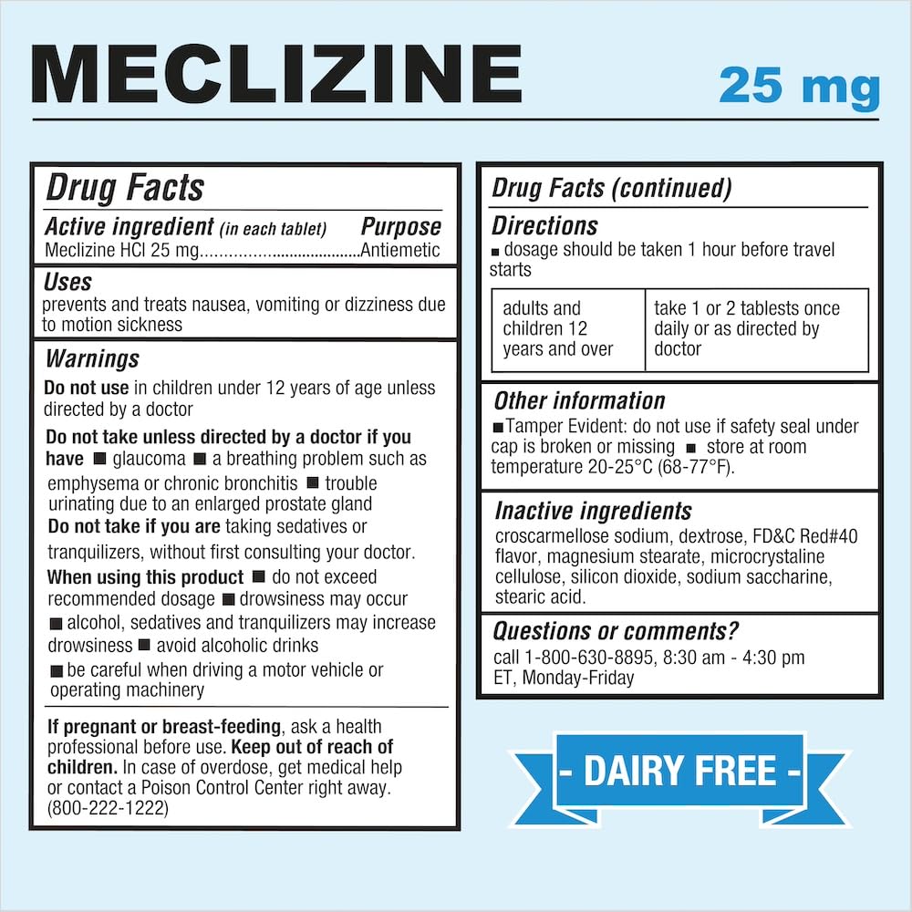 Puregen Labs Meclizine 25 mg Antiemetic — Dairy-Free, USA-Made 200 Chewables | Motion Sickness Relief