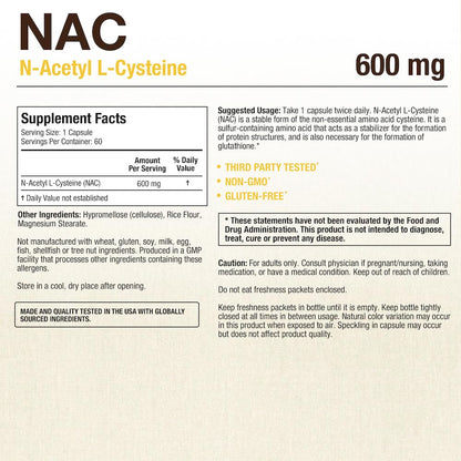 Puregen Labs N-Acetyl-L-Cysteine (NAC) 600mg | Immune, Respiratory & Liver Support | 120 Veggie Capsules
