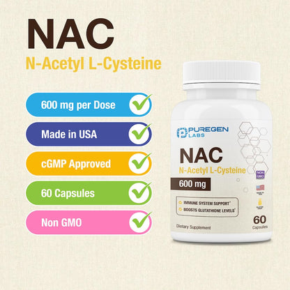 Puregen Labs N-Acetyl-L-Cysteine (NAC) 600mg | Immune, Respiratory & Liver Support | 120 Veggie Capsules