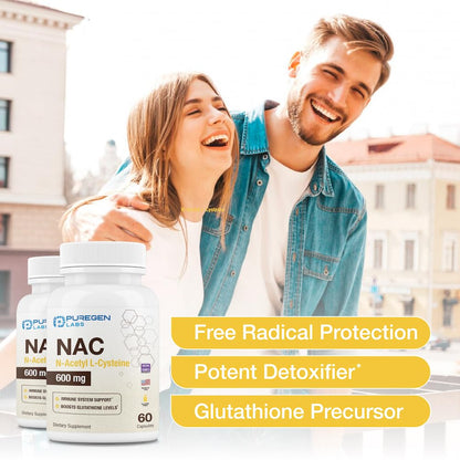 Puregen Labs N-Acetyl-L-Cysteine (NAC) 600mg | Immune, Respiratory & Liver Support | 120 Veggie Capsules