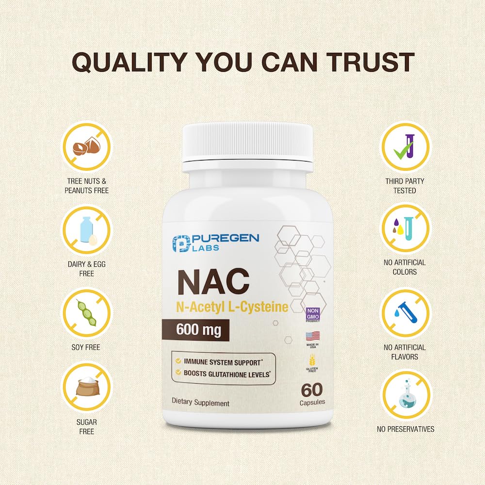 Puregen Labs N-Acetyl-L-Cysteine (NAC) 600mg | Immune, Respiratory & Liver Support | 120 Veggie Capsules