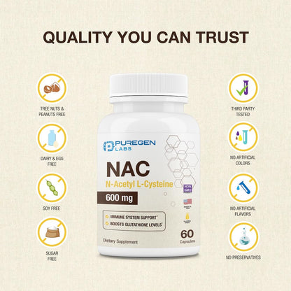 Puregen Labs N-Acetyl-L-Cysteine (NAC) 600mg | Immune, Respiratory & Liver Support | 120 Veggie Capsules