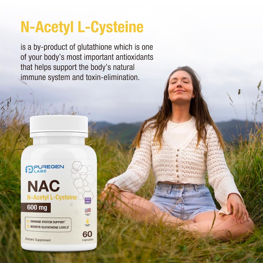 Puregen Labs N-Acetyl-L-Cysteine (NAC) 600mg | Immune, Respiratory & Liver Support | 120 Veggie Capsules