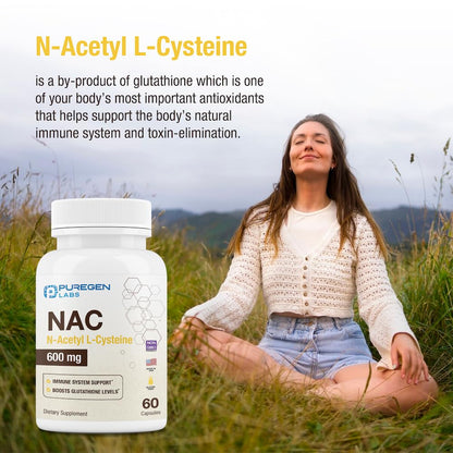 Puregen Labs N-Acetyl-L-Cysteine (NAC) 600mg | Immune, Respiratory & Liver Support | 120 Veggie Capsules