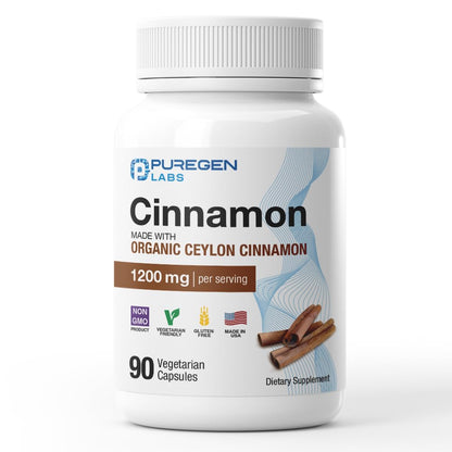 Puregen Labs Organic Cinnamon (Ceylon) 1200mg per Serving | 90 Veggie Caps | Non-GMO, Gluten-Free | Made in USA