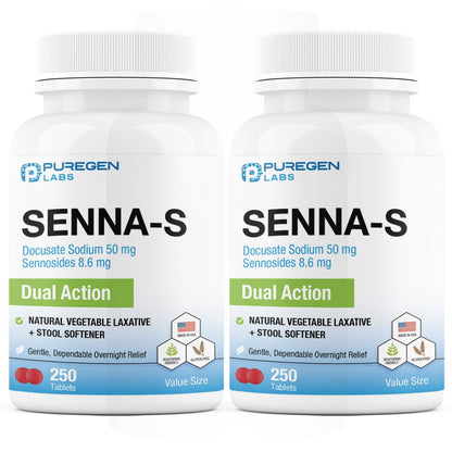 Puregen Labs Senna-S: Natural Laxative + Stool Softener - Dual Action - 500 Tablets (2Pack)