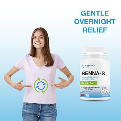 Puregen Labs Senna-S: Natural Laxative + Stool Softener - Dual Action - 500 Tablets (2Pack)