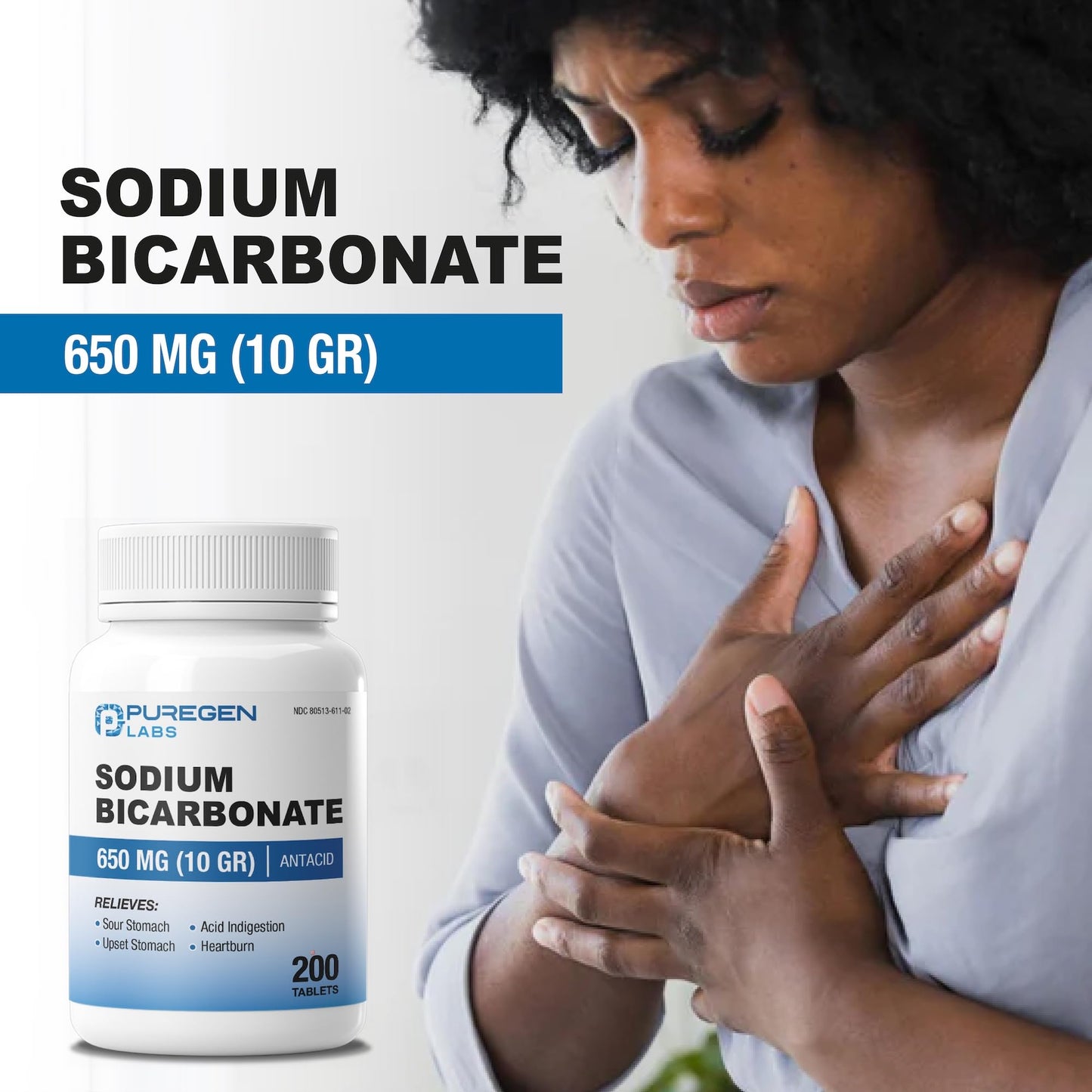 Puregen Labs Sodium Bicarbonate Tablets 650mg (10 Grains) - 200 Count | USP Grade Baking Soda Supplement, Natural Relief of Acid Indigestion, Heartburn, Sour Stomach & Upset Stomach