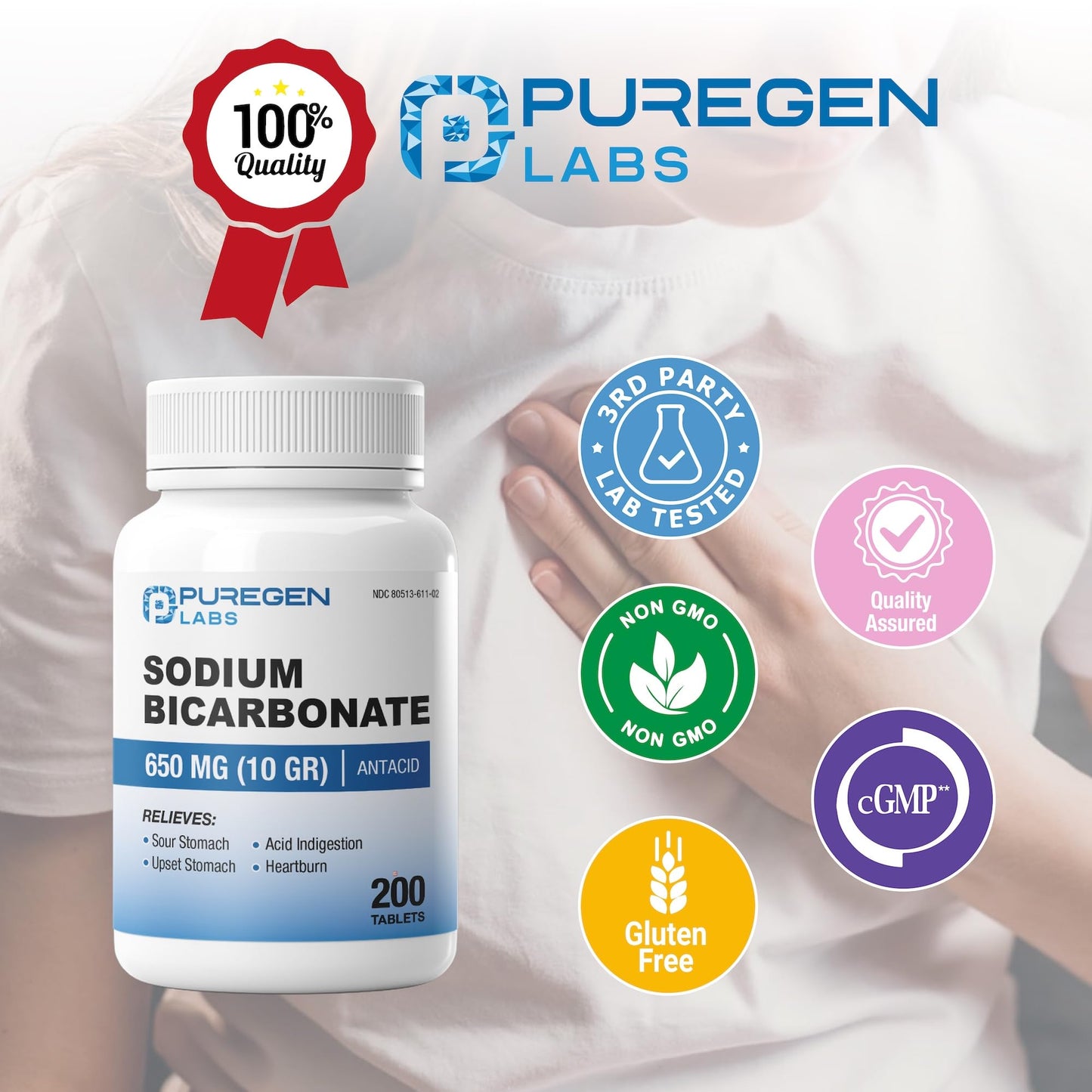 Puregen Labs Sodium Bicarbonate Tablets 650mg (10 Grains) - 200 Count | USP Grade Baking Soda Supplement, Natural Relief of Acid Indigestion, Heartburn, Sour Stomach & Upset Stomach