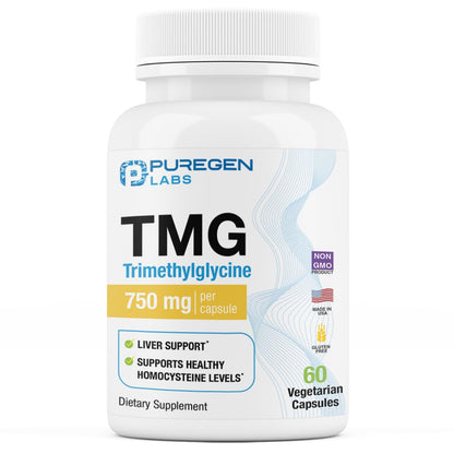 Puregen Labs TMG 750 mg – Trimethylglycine Supplement | Supports Healthy Homocysteine, Non-GMO, Gluten & Dairy Free | Made in USA – 60 Vegetarian Capsules