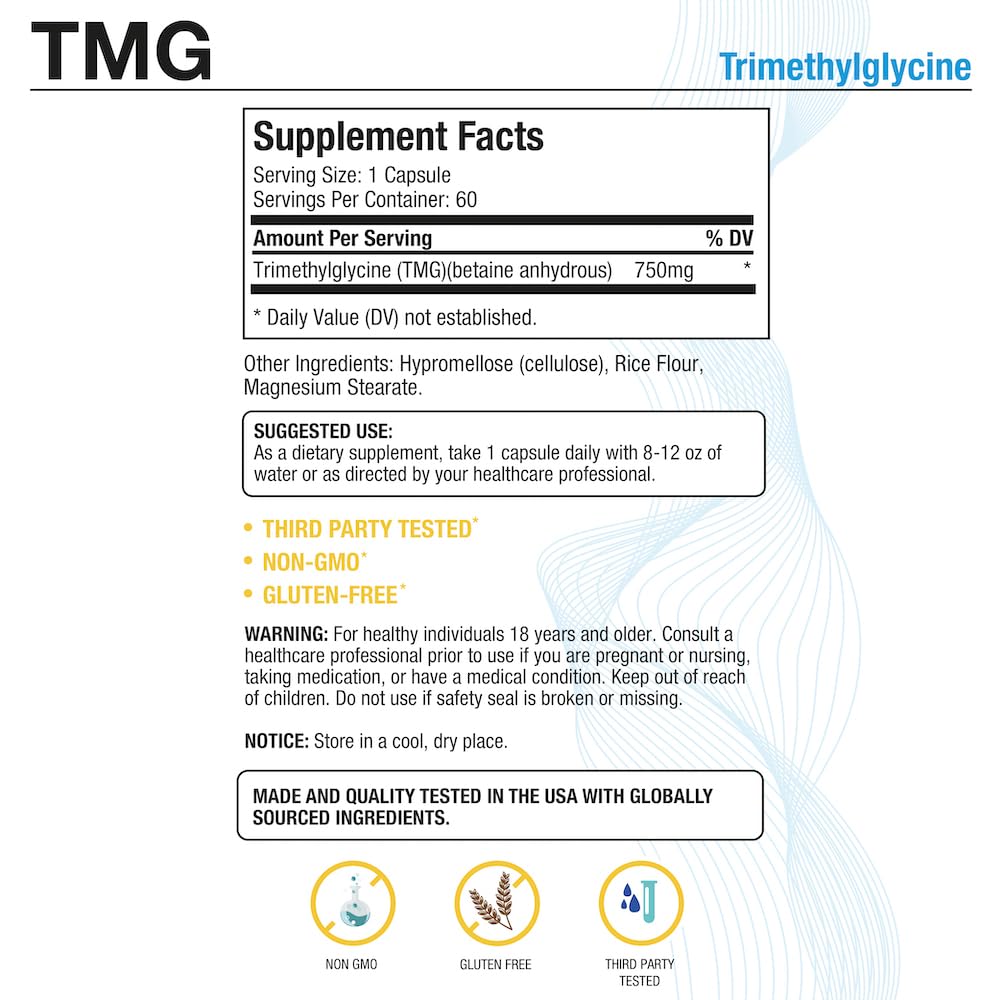 Puregen Labs TMG 750 mg – Trimethylglycine Supplement | Supports Healthy Homocysteine, Non-GMO, Gluten & Dairy Free | Made in USA – 60 Vegetarian Capsules
