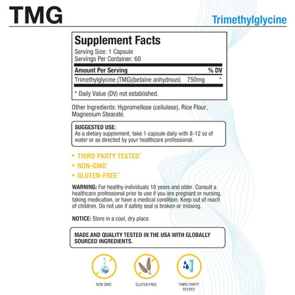 Puregen Labs TMG 750 mg – Trimethylglycine Supplement | Supports Healthy Homocysteine, Non-GMO, Gluten & Dairy Free | Made in USA – 60 Vegetarian Capsules