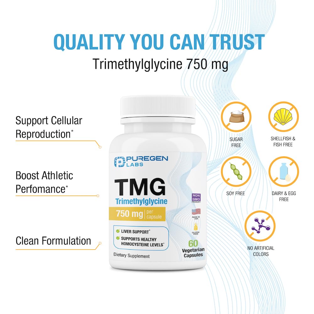 Puregen Labs TMG 750 mg – Trimethylglycine Supplement | Supports Healthy Homocysteine, Non-GMO, Gluten & Dairy Free | Made in USA – 60 Vegetarian Capsules