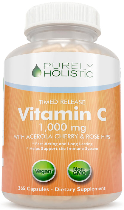 Purely Holistic Vitamin C 1000mg Timed Release | 365 Capsules, 12-Month Supply | Vegan