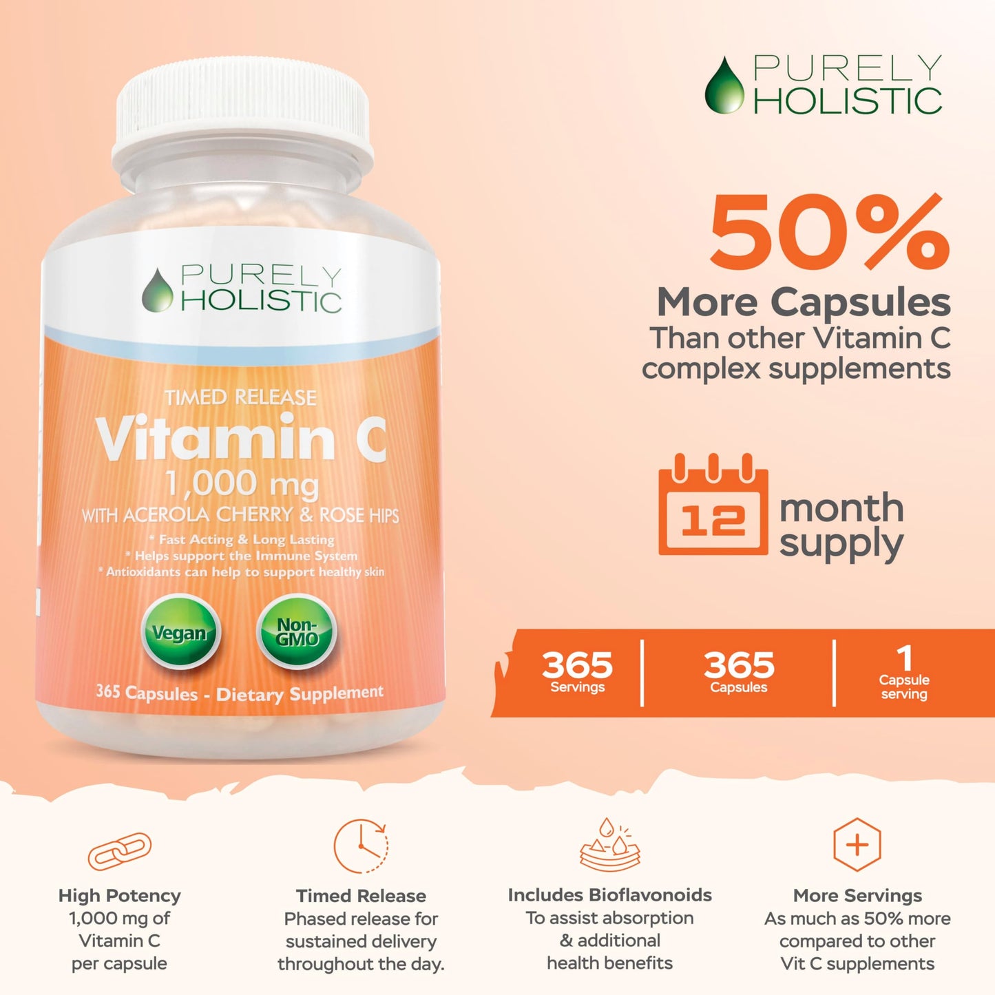 Purely Holistic Vitamin C 1000mg Timed Release | 365 Capsules, 12-Month Supply | Vegan