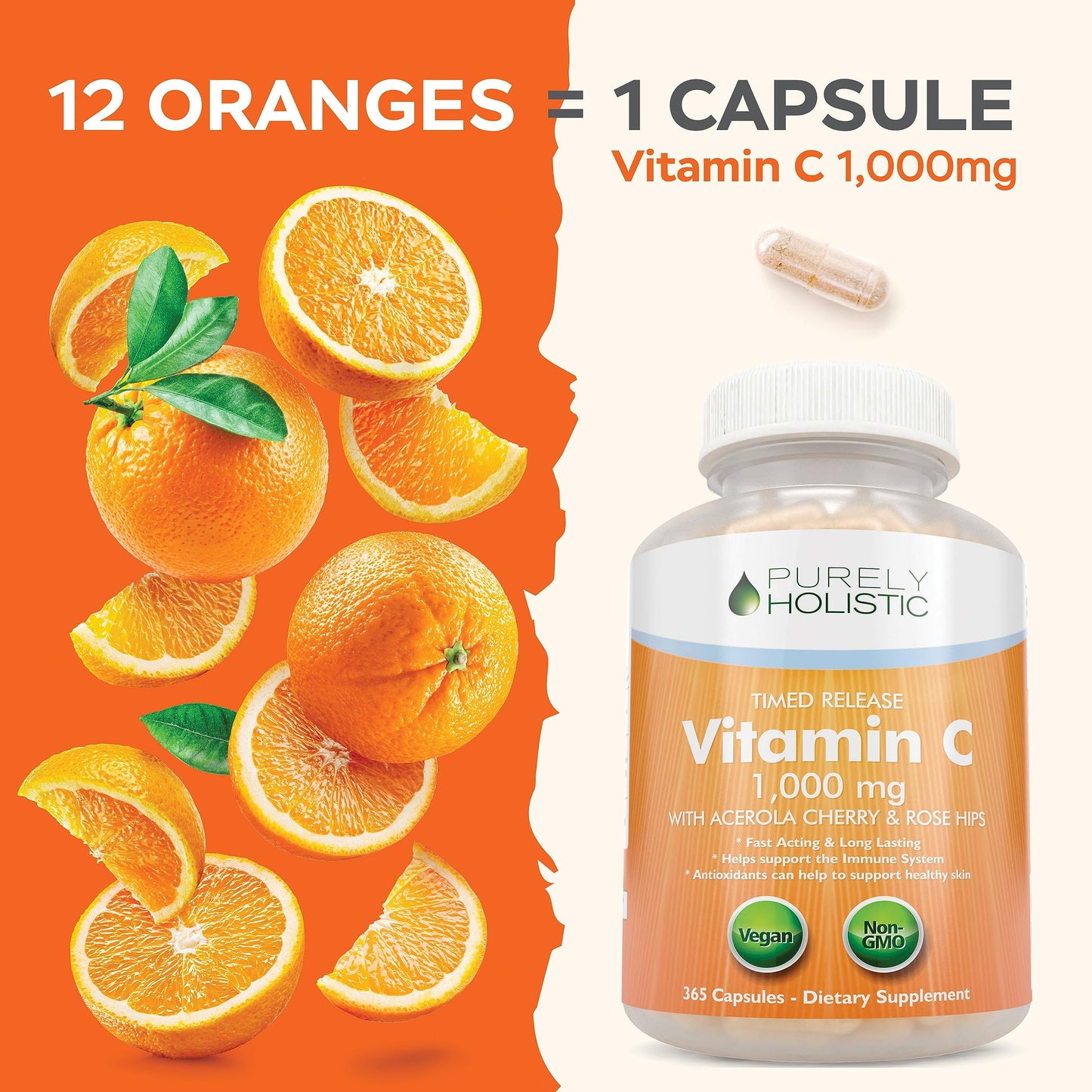 Purely Holistic Vitamin C 1000mg Timed Release | 365 Capsules, 12-Month Supply | Vegan