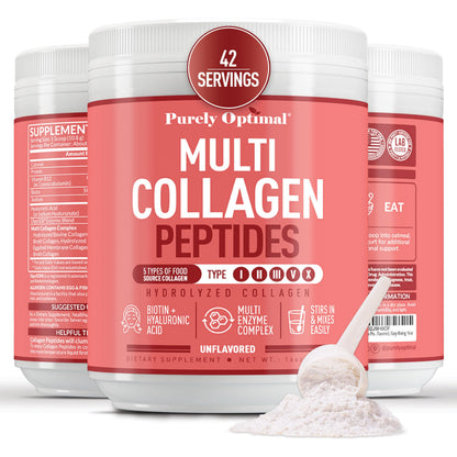 Purely Optimal Multi Collagen Powder for Women – 5 Types, Biotin & Hyaluronic Acid (Unflavored, 42 Servings)