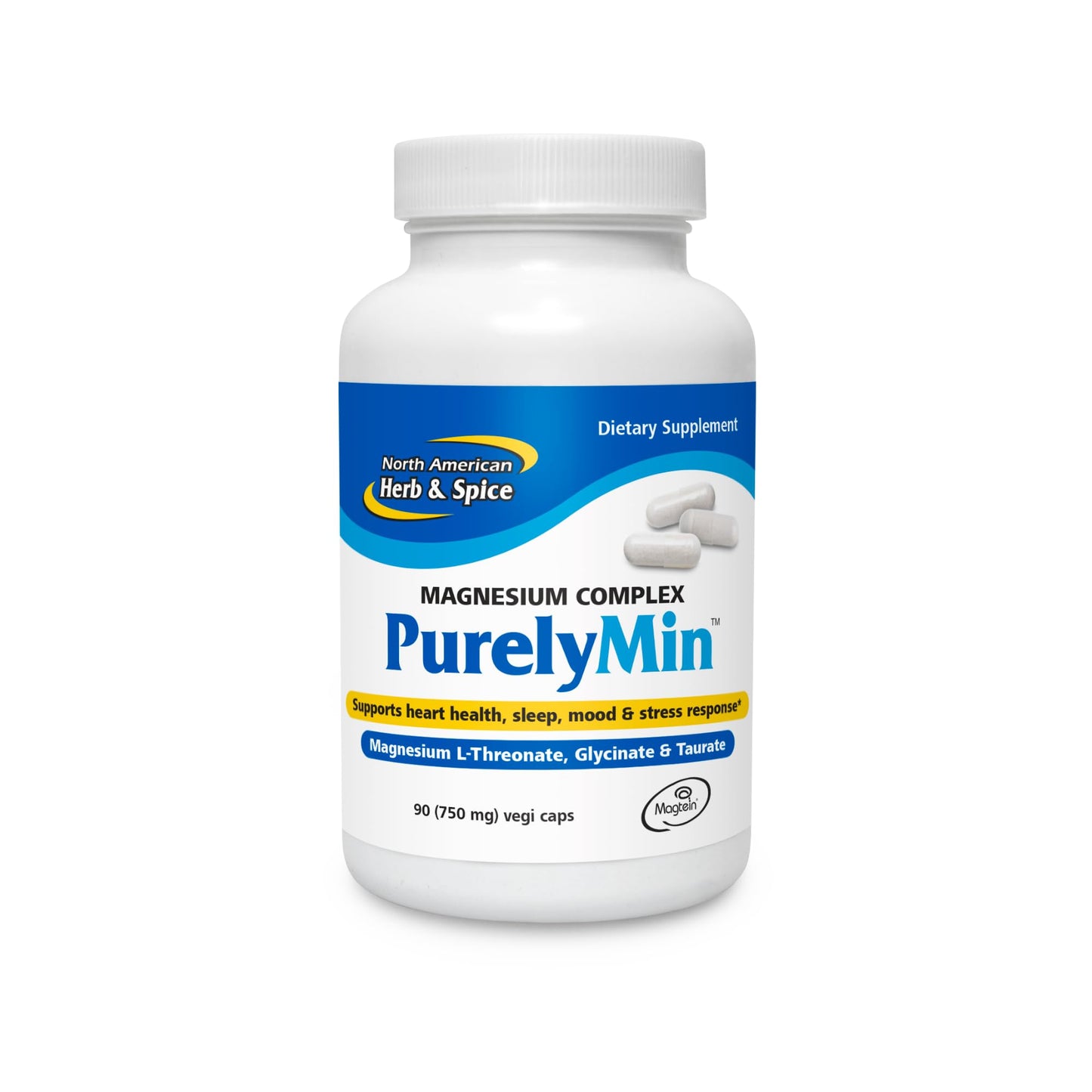 NORTH AMERICAN HERB & SPICE PurelyMin - 90 Vegi Caps - Highly Absorbable Magnesium Complex + L-Theanine - 30 Servings