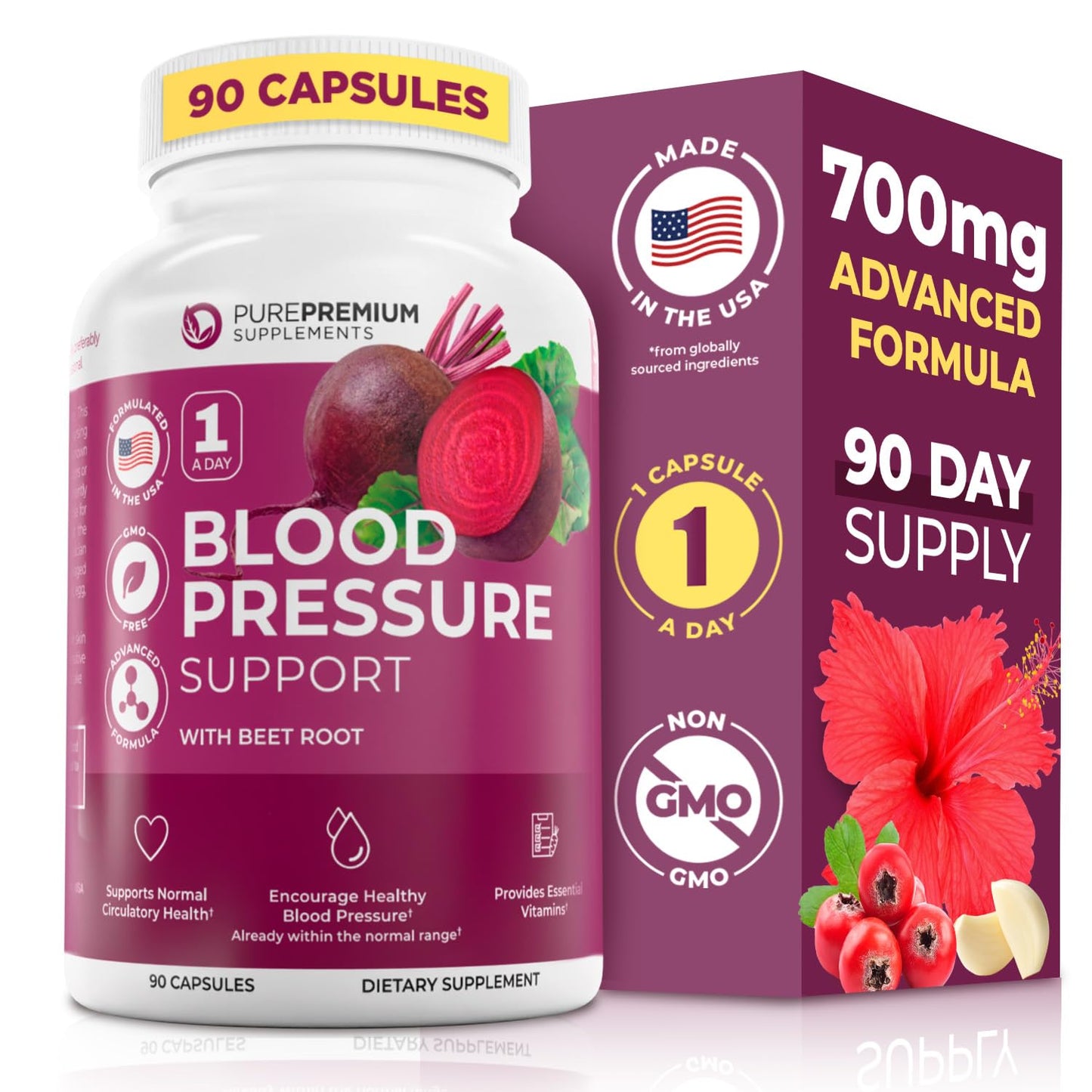 PurePremium Beet Root Capsules 700mg – Blood Pressure Support | Non-GMO | 90ct